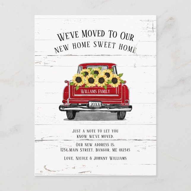 Vintager roter Lkw Gelbblütenbewegung Ankündigungspostkarte (Vorderseite)