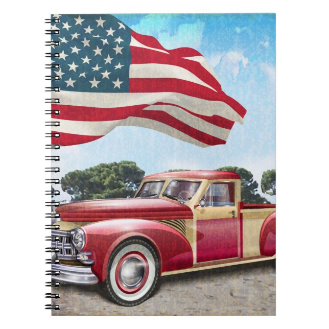 Vintager roter LKW mit amerikanischer Flagge. Notizblock (Vorderseite)