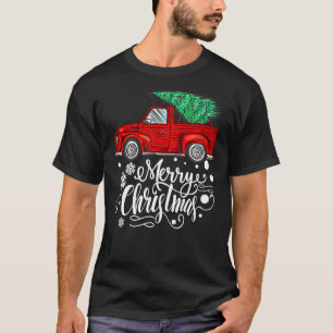 Vintager roter LKW mit froher Weihnachtsbaumfamili T-Shirt