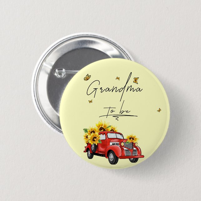Vintager roter LKW mit Sonnenblumen Oma zu sein Button (Vorne & Hinten)