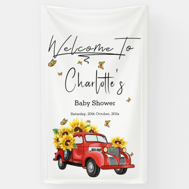 Vintager roter LKW mit Sonnenblumendusche Banner (Vertikal)