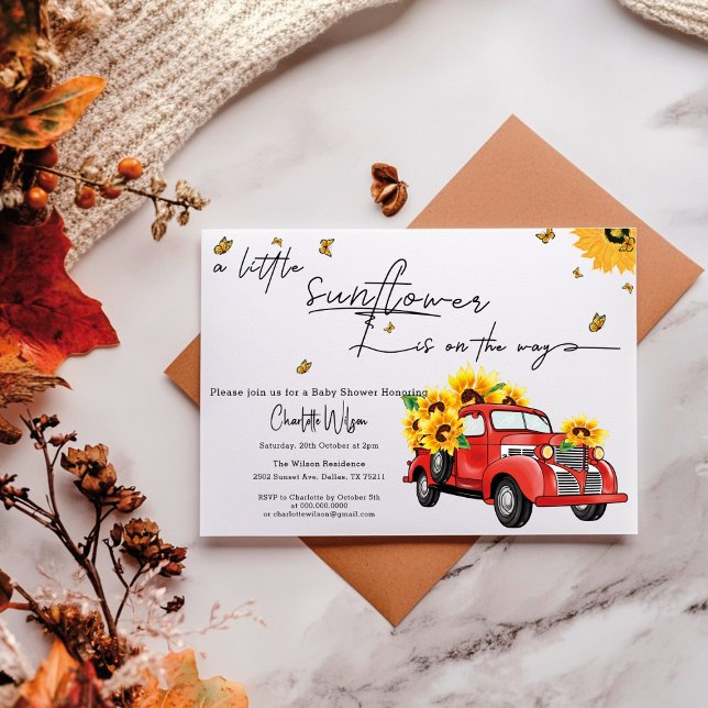 Vintager roter LKW mit Sonnenblumendusche Einladung (Von Creator hochgeladen)