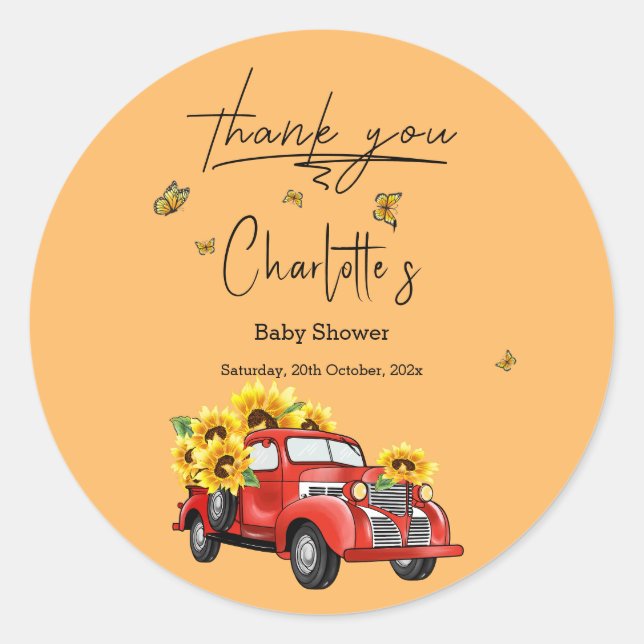 Vintager roter LKW mit Sonnenblumendusche Runder Aufkleber (Vorderseite)