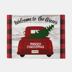 Vintager roter LKW mit Weihnachtsbaum Begrüßungsma Fußmatte