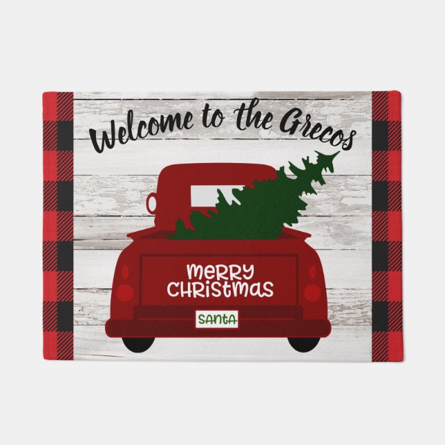 Vintager roter LKW mit Weihnachtsbaum Begrüßungsma Fußmatte (Vorderseite)