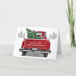 Vintager roter LKW mit Weihnachtsbaum Familienname Feiertagskarte