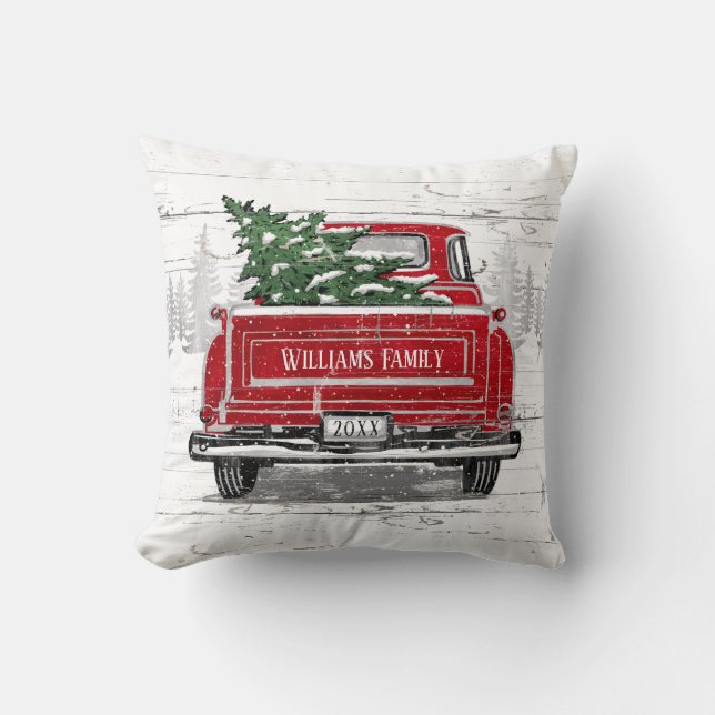 Vintager roter LKW mit Weihnachtsbaum Familienname Kissen (Vorderseite)
