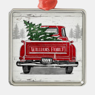 Vintager roter LKW mit Weihnachtsbaum Familienname Ornament Aus Metall