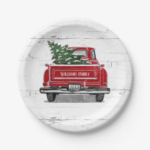 Vintager roter LKW mit Weihnachtsbaum Familienname