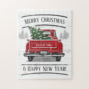 Vintager roter LKW mit Weihnachtsbaum Familienname Puzzle
