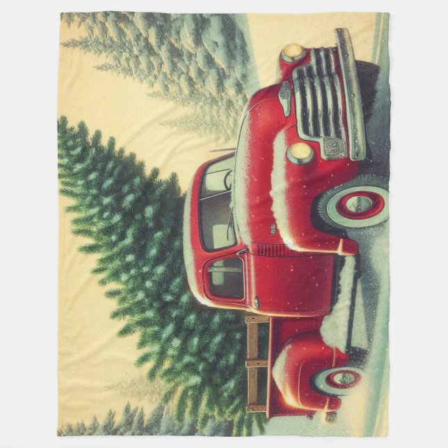 Vintager roter LKW mit Weihnachtsbaum Fleecedecke (Vorderseite)