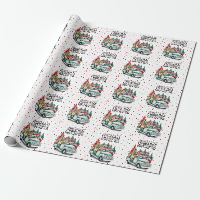 Vintager roter LKW mit Weihnachtsbaum Geschenkpapier (Ungerollt)