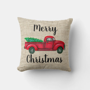 Vintager roter LKW mit Weihnachtsbaum-Kissen Kissen