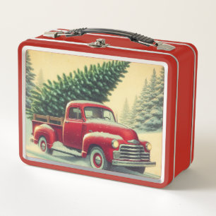 Vintager roter LKW mit Weihnachtsbaum Metall Brotdose