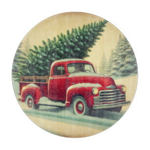 Vintager roter LKW mit Weihnachtsbaum Schneidebrett