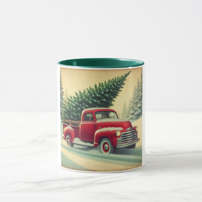 Vintager roter LKW mit Weihnachtsbaum Tasse (Zentrum)