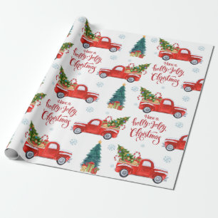 Vintager roter LKW mit Weihnachtsbäumen Geschenkpapier