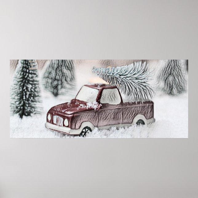 Vintager roter LKW mit zeichnend Weihnachtsbaum Poster (Vorne)