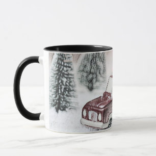 Vintager roter LKW mit zeichnend Weihnachtsbaum Tasse