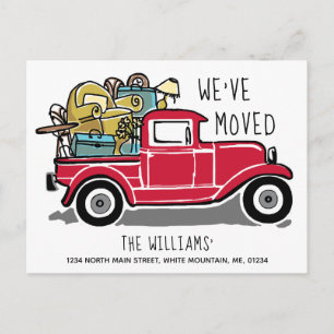 Vintager roter Lkw Neue Zuhause-Bewegung Weiß Ankündigungspostkarte