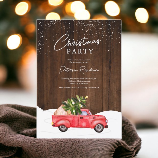 Vintager roter LKW rustikaler Holzschnee Weihnacht Einladung (Vintage red truck rustic wood snow Christmas Invitation)