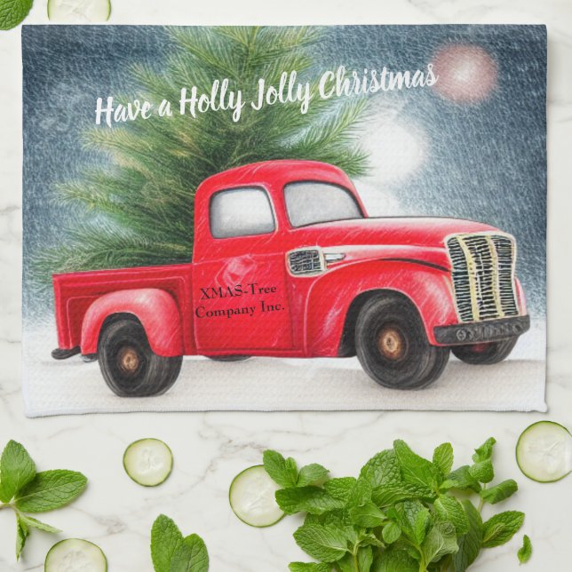 Vintager roter LKW und baumspezifischer Urlaub Geschirrtuch (Gefaltet)