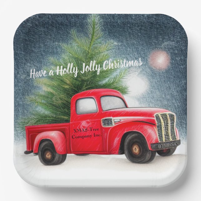 Vintager roter LKW und baumspezifischer Urlaub Pappteller (Vorderseite)