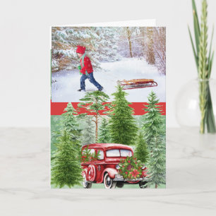 Vintager Roter LKW und Pinienwald Foto Weihnachten