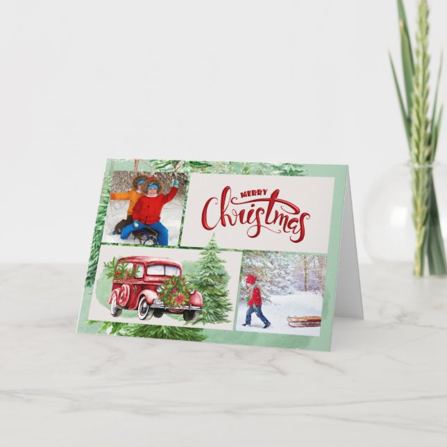 Vintager Roter LKW und Pinienwald Foto Weihnachten (Vorderseite)