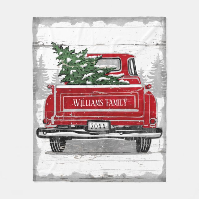 Vintager Roter LKW Weihnachtsbaum Rustikaler Name Fleecedecke (Vorderseite)