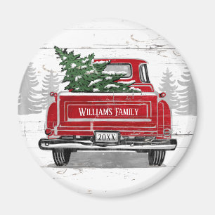 Vintager Roter LKW Weihnachtsbaum Rustikaler Name Magnet