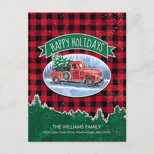Vintager Roter LKW Weihnachtsbaum Sommerwanderung Ankündigungspostkarte (Vorderseite)
