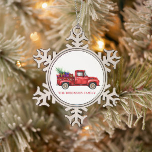 Vintager Roter Lkw Weihnachtsbaumgeschenke Familie Schneeflocken Zinn-Ornament
