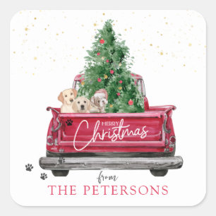 Vintager Roter LKW   Weihnachtswelpen Pawprint Quadratischer Aufkleber