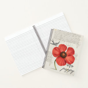Vintager Roter Mohn Zeichnend + Viktorianische Typ Notizbuch