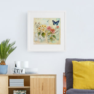 VINTAGER ROTER UND WEISSER BLUMENFALL MIT SCHALTFL POSTER