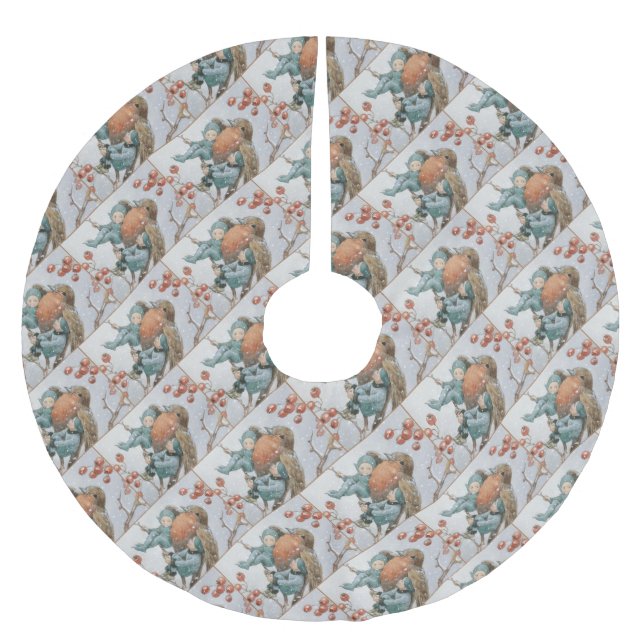 Vintager Roter Vogel und Elfen Polyester Weihnachtsbaumdecke (Vorderseite)