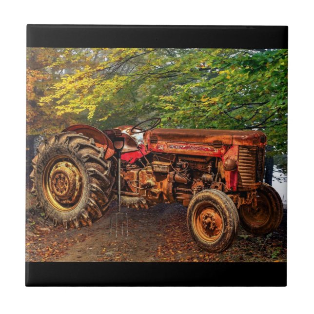 Vintager roter Zuchttraktor Fliese (Vorderseite)