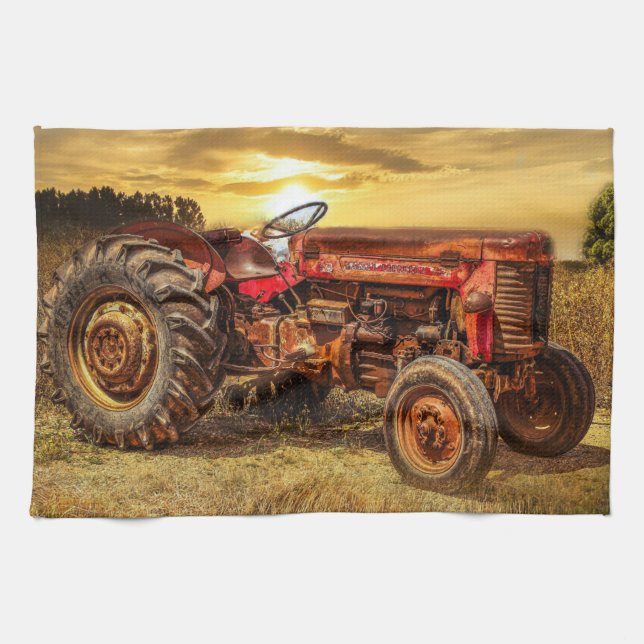 Vintager roter Zuchttraktor Geschirrtuch (Horizontal)