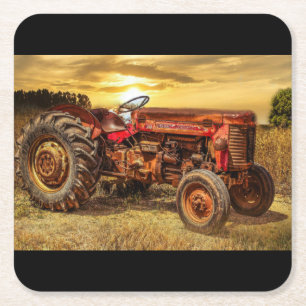 Vintager roter Zuchttraktor Rechteckiger Pappuntersetzer