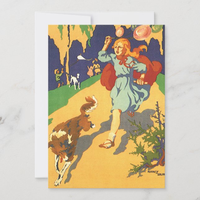 Vintager Rotkäppchen, Hunde und Balloons Einladung (Vorderseite)