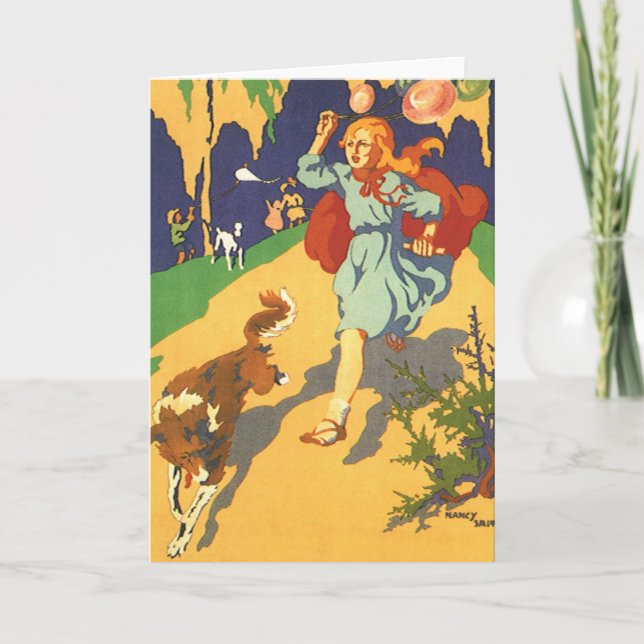 Vintager Rotkäppchen, Hunde und Balloons Karte (Vorderseite)