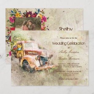 Vintager rustikaler alter LKW-Trendy Foto-Hochzeit Einladung