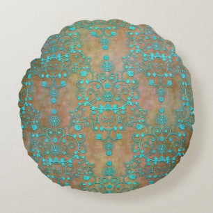Vintager Rustikaler Damast Türkis und Braun Rundes Kissen
