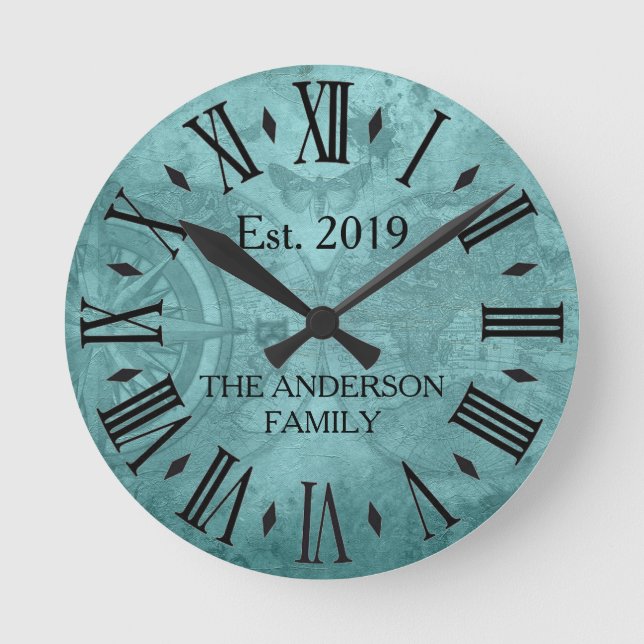 Vintager rustikaler Familienname Weltkarte römisch Runde Wanduhr (Vorderseite)
