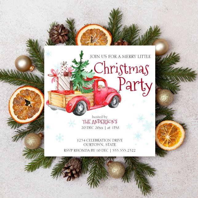 Vintager rustikaler LKW mit Weihnachtsbaum Einladung (Christmas party red truck template invitation digital download)