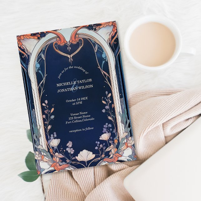 Vintager Rustikaler Navy Blumenstil Einladung (art nouveau alfonso mucha wedding invitation)