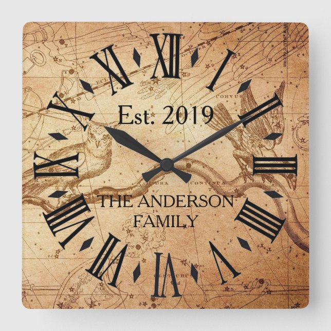 Vintager rustikaler Ruhestörvogel Quadratische Wanduhr (Vorderseite)