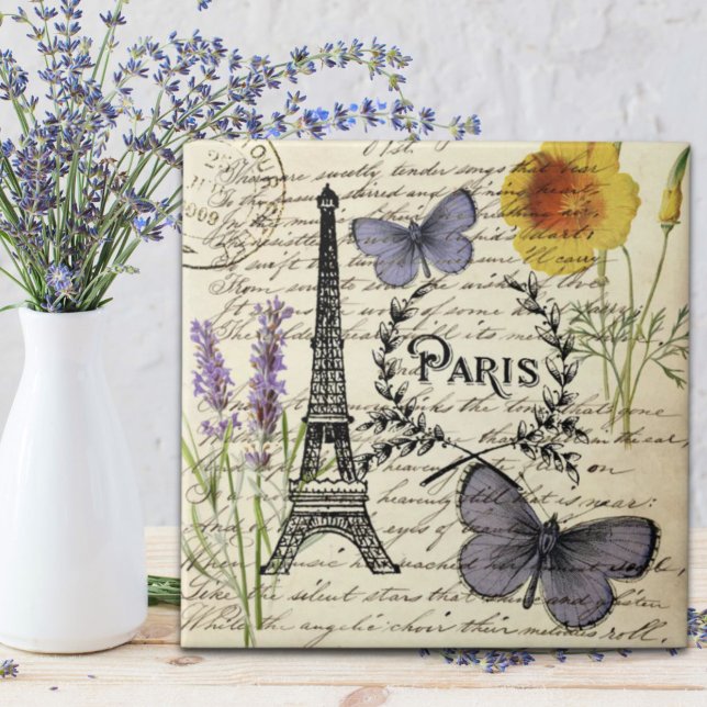 Vintager, rustikaler Schmetterlingsturm Fliese (vintage rustic french butterfly paris eiffel tower ceramic tile)