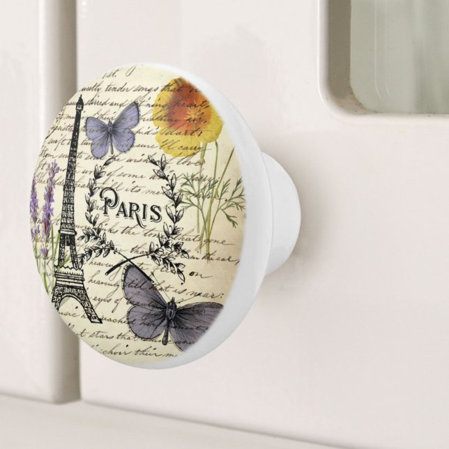 Vintager, rustikaler Schmetterlingsturm Keramikknauf (vintage rustic french butterfly paris eiffel tower ceramic knob)